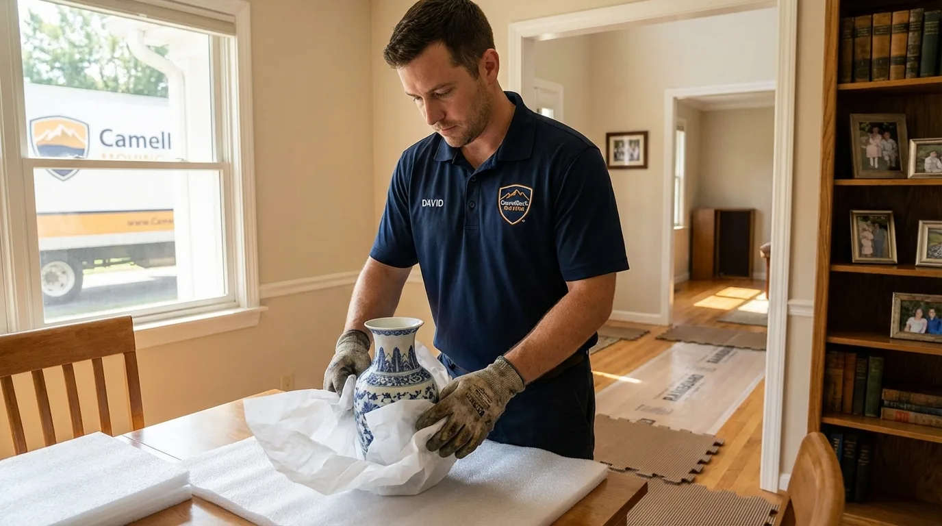 Professional crew carefully wrapping antique vase for senior downsizing move in Springfield, KY